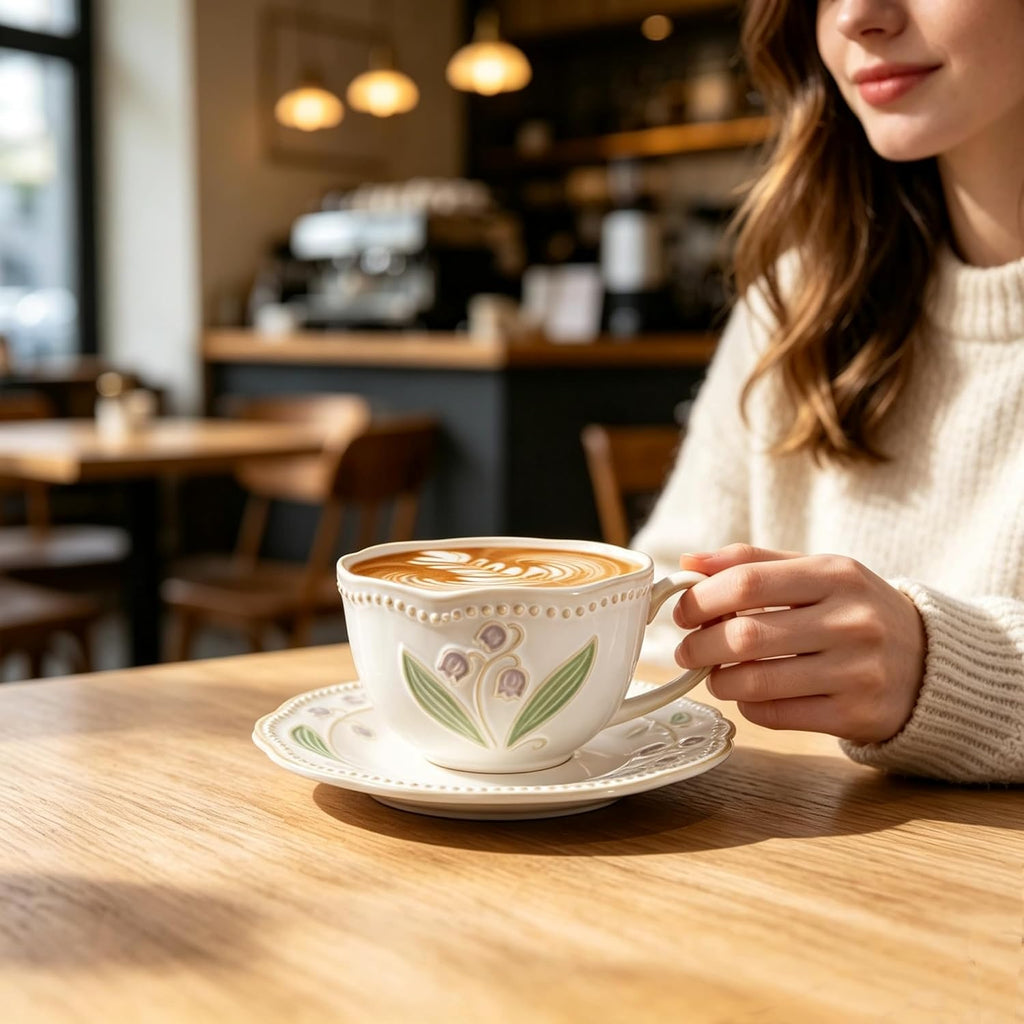 12oz Valley Ceramic Coffee Cup & Saucer Set for Cappuccino Tea Mug