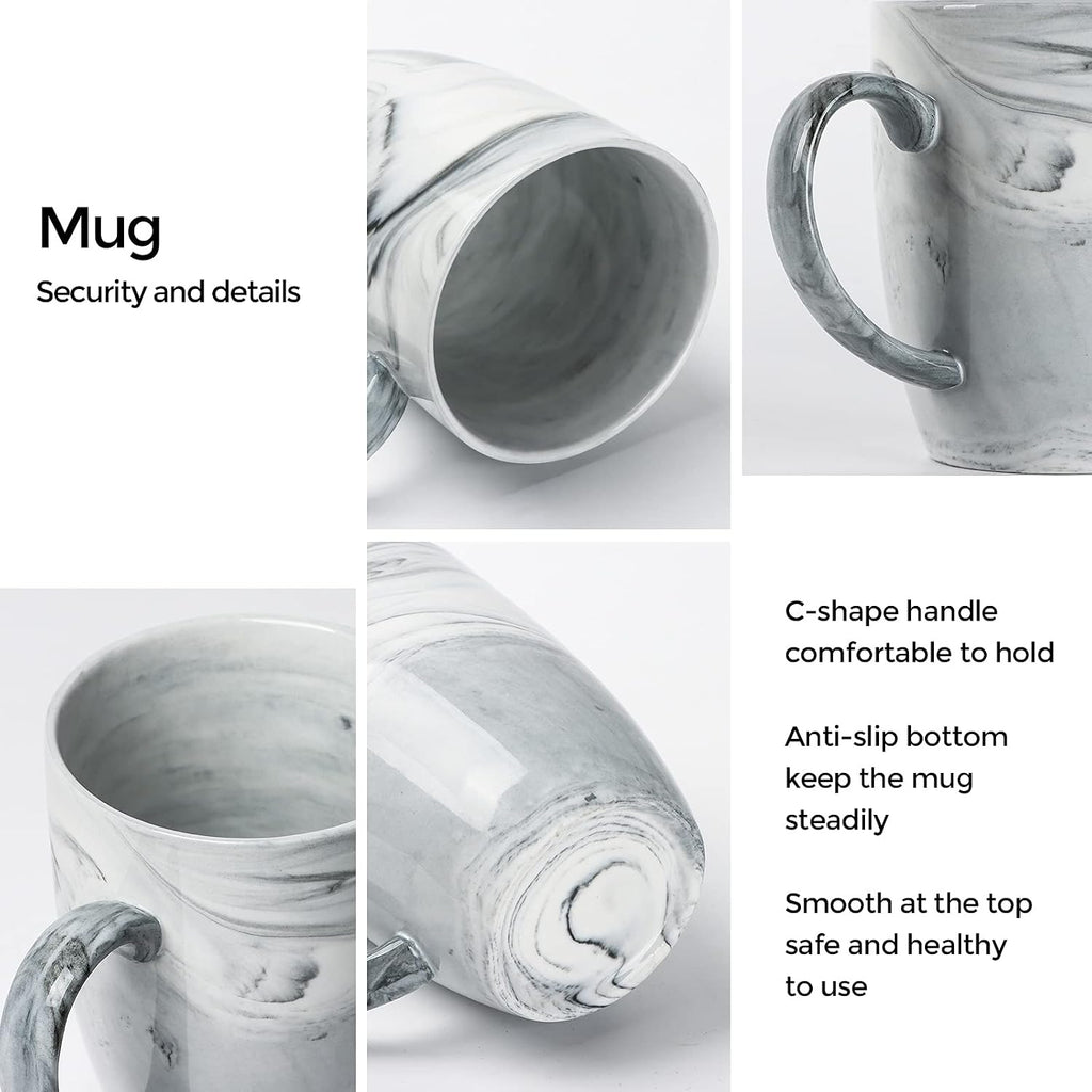 14 OZ Marble Coffee Mugs, M067 Novelty Marble Ceramic Cup for Home and Office, Microwave Dishwasher Safe, Set of 4, Gray