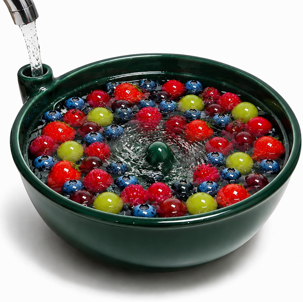 Self Spinning Berry Washing Bowl Ceramic with Drain Holes, Automatic 360° Hydro-Vortex Fruit Washer Bowl, Ceramic Fruit Washing Bowl and Colander Basket for Berries, Small Produce, Table Serving