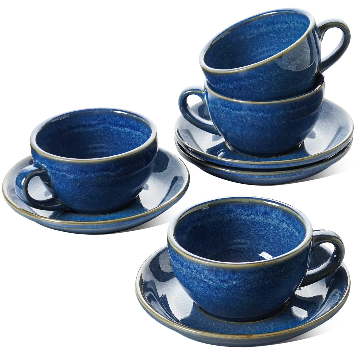 LE TAUCI 6 oz Cappuccino Cups with Saucers, Set of 4 Ceramic Coffee Cup and Saucer Set for Latte, Au Lait, Flat White, Mocha, Tea, Embossed Coffee Cups, Ceylon Blue