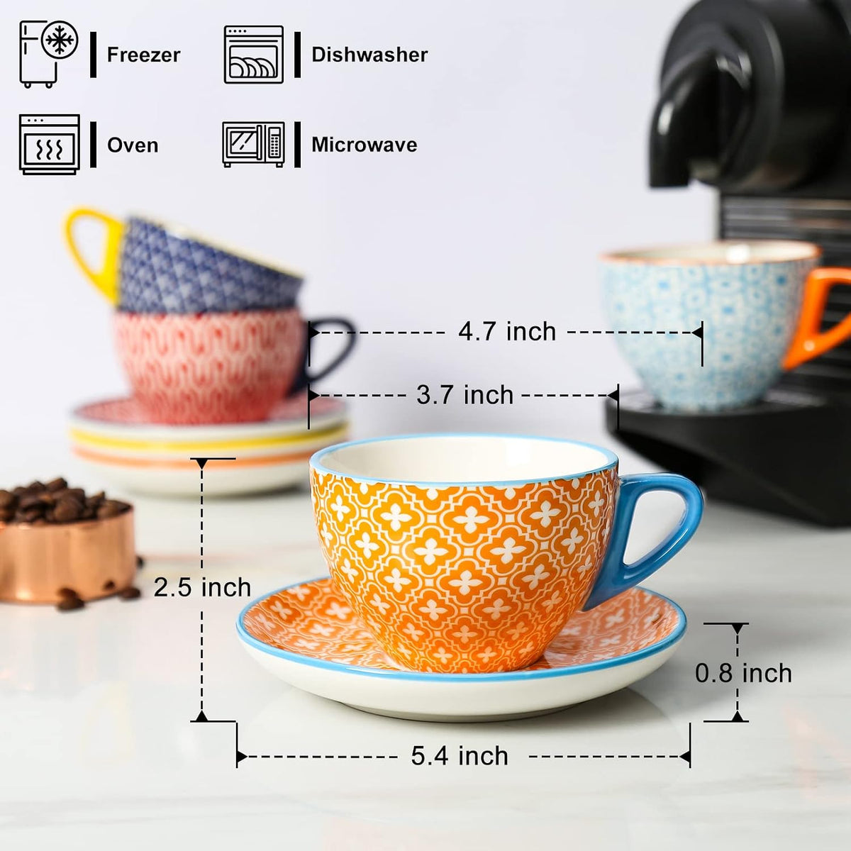 KitchenTour Espresso Cups and Saucers set, 6-pack,7oz - Cappuccino Cups with handle set of 6 - Teacup for Tea Party Bohemia style