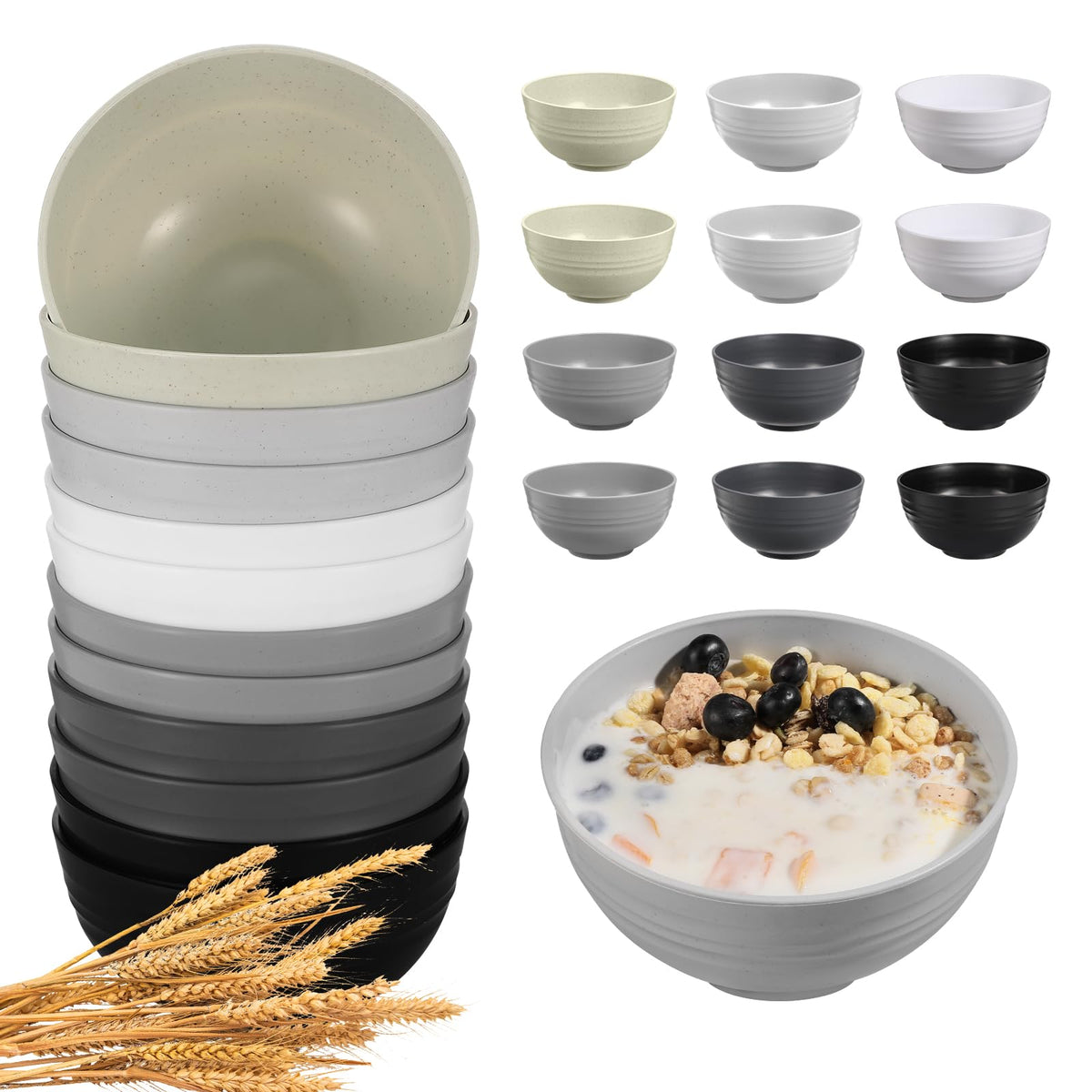 HEYCOME 12 Pcs Unbreakable Cereal Bowls Set, 26 Oz Wheat Straw Bowls Set, Microwave & Dishwasher Safe Rice Bowls for Kitchen, Reusable Plastic Bowls for Soup, Salad and Snack, BPA Free, Multicolor