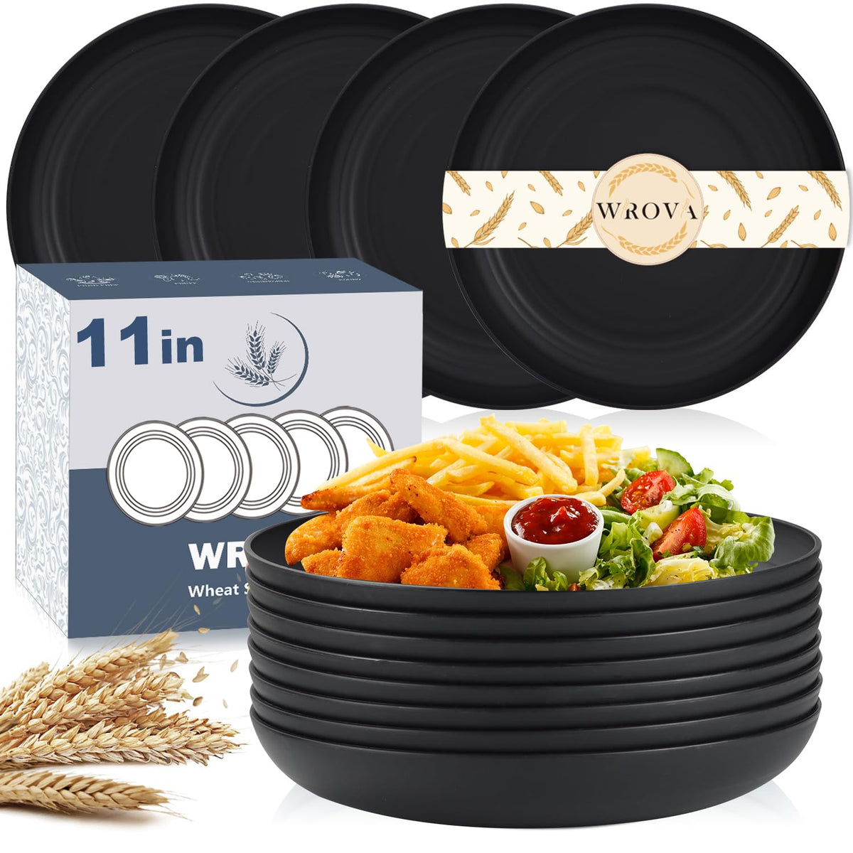 Wrova Large Wheat Straw Dinner Plates - 11 Inch Unbreakable Set of 8 - Dishwasher & Microwave Safe, Deep Edge for Kitchen and Camping (Black)
