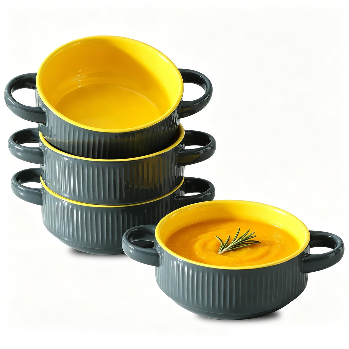 Soup Bowls with Handles, 23 oz French Onion Soup Crocks, Stackable Soup Bowl Oven Safe for Chili, Beef Stew, Embossment Ceramic Bowl Set - 5.4 Inch, Set of 4,Black