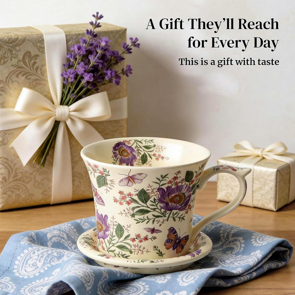 DOWAN 14 oz Tea Cup and Saucer Set, Vintage Coffee Mug with Lid for Cappuccino, Latte, and Hot Cocoa, Cute Tea Mug Gift for Her, Microwave & Dishwasher Safe, Purple Poppy