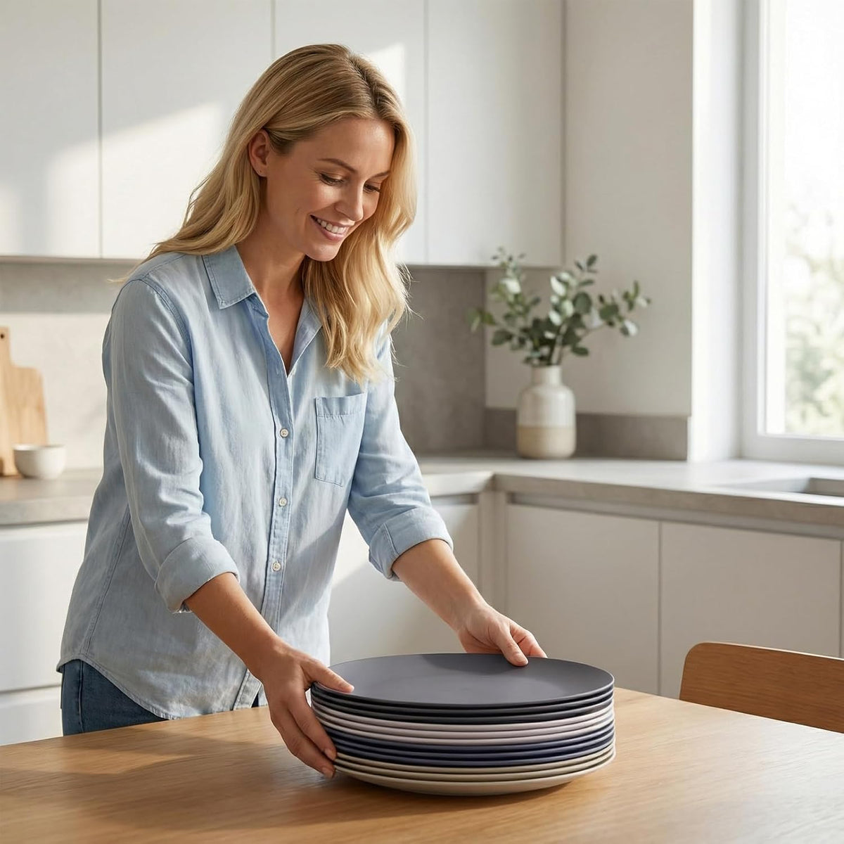 AOYITE 10 inch Plastic Plates Reusable Set 12, BPA Free Kid Plate Grey Tone