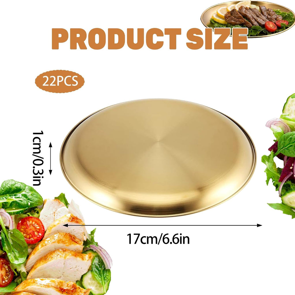 22 Pcs Stainless Steel Gold Plates 6.5 Inch Gold Dinner Plates Metal Serving Tray Dessert Dishes for Cakes BBQ, Salad, Snack, Desserts, Food Serving, Dips, Side Dishes Outdoor Camping