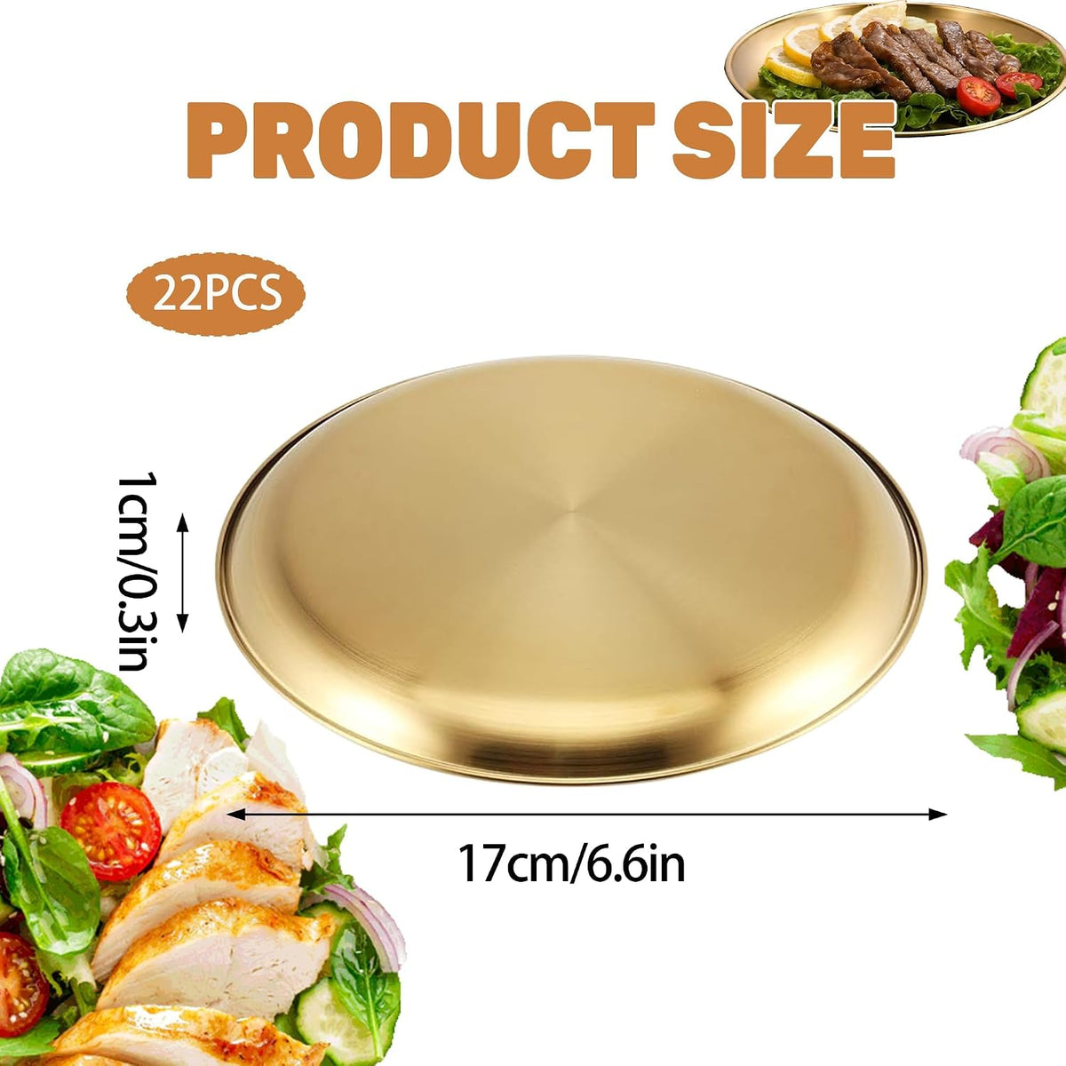 22 Pcs Stainless Steel Gold Plates 6.5 Inch Gold Dinner Plates Metal Serving Tray Dessert Dishes for Cakes BBQ, Salad, Snack, Desserts, Food Serving, Dips, Side Dishes Outdoor Camping
