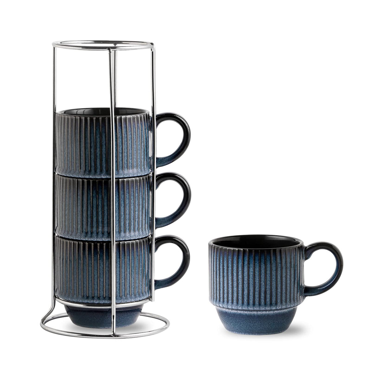 HASENSE Coffee Mug Ceramic Set of 4 with Stand, Stackable Large Latte Cups with Metal Stand, Dishwasher & Microwave Safe, Black for Cappuccino Tea Hot Cocoa