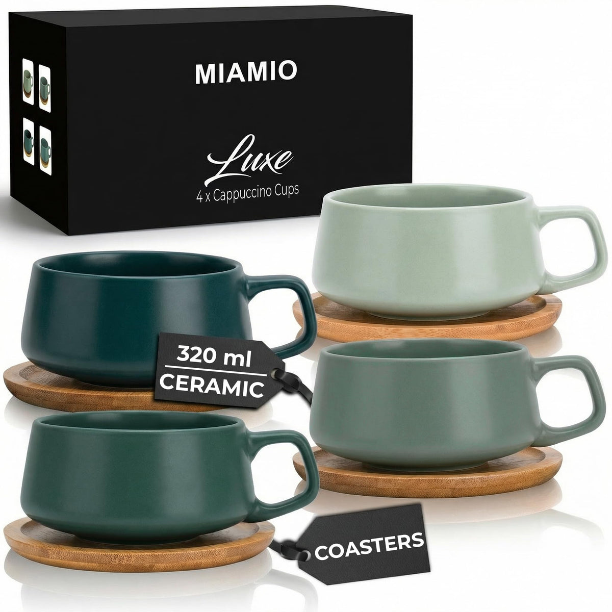 MIAMIO - Cappuccino Cup Set of 4, Ceramic (9.5oz) - Luxe (Beige Pastel)
