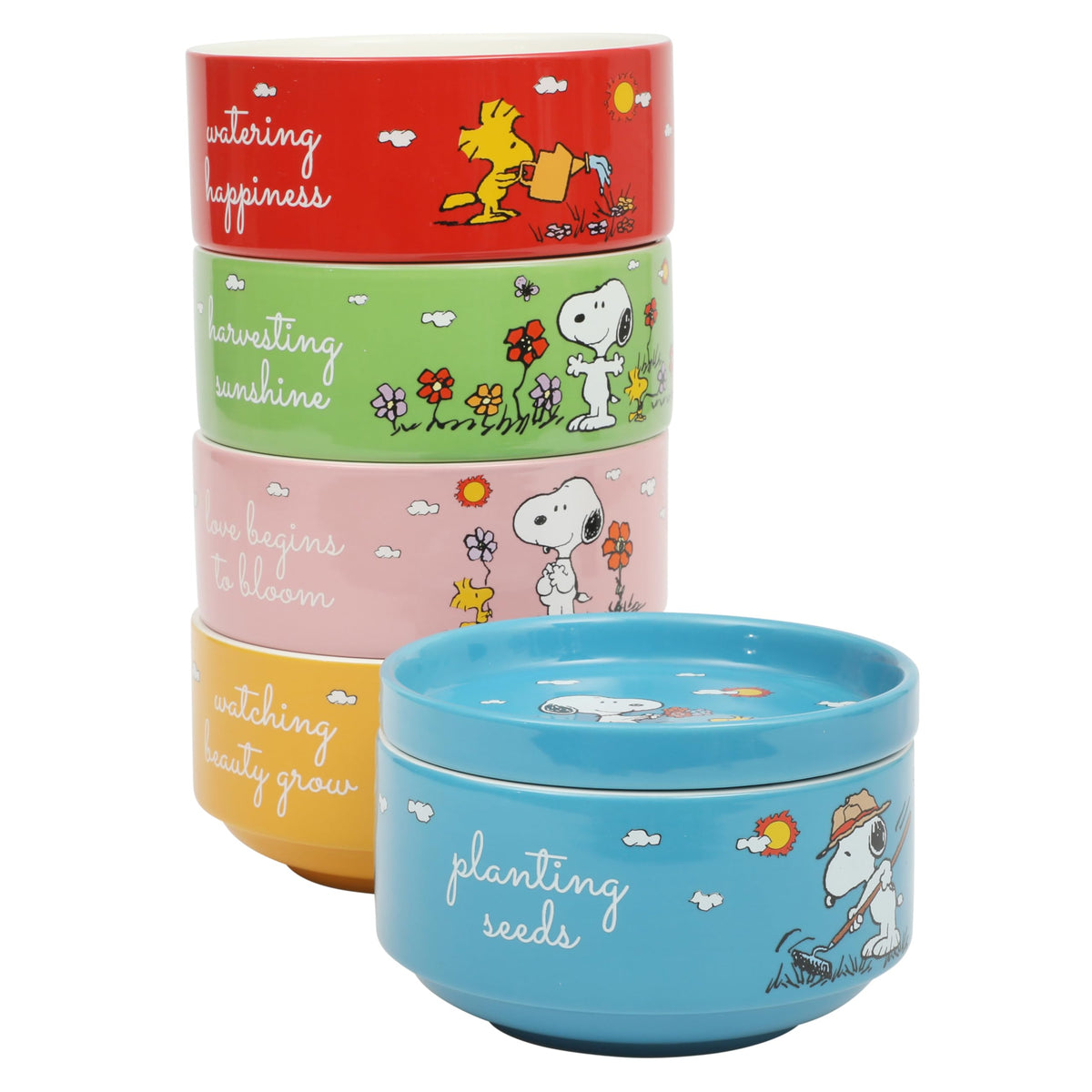 Peanuts Snoopy Bonbon Bites 4-Piece 5.5-Inch Decorated Stoneware Ceramic Stackable Bowl Set, Microwave & Dishwasher Safe Snack and Dessert Bowls