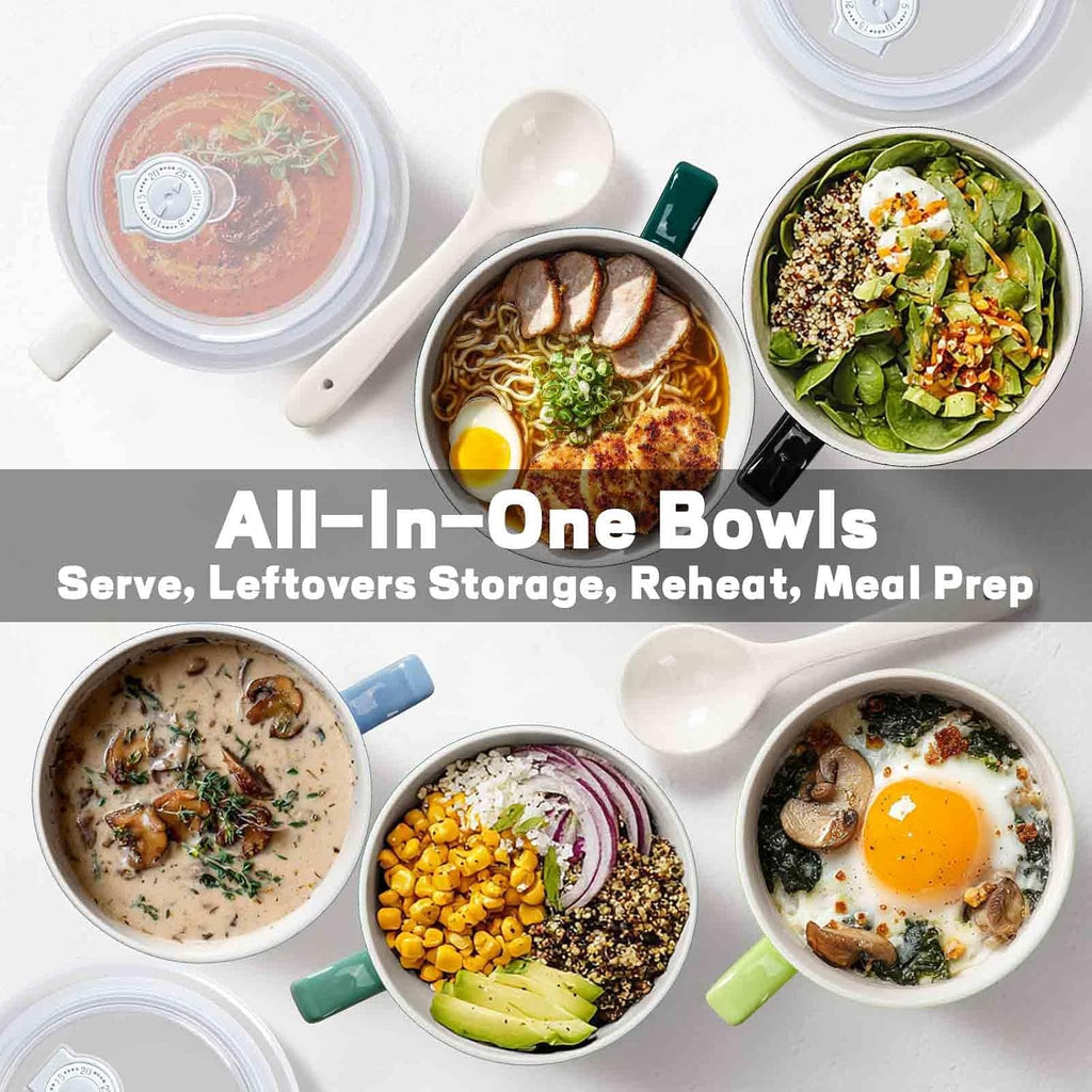 Soup Bowls with Handles & Spoons, 30oz Ceramic Ramen Bowl with Lid, Large Soup Mugs/Cups for Instant Noodle, Big Cereal Bowls for Oatmeal, Soup Containers with Lids, Set of 2, Sky Blue
