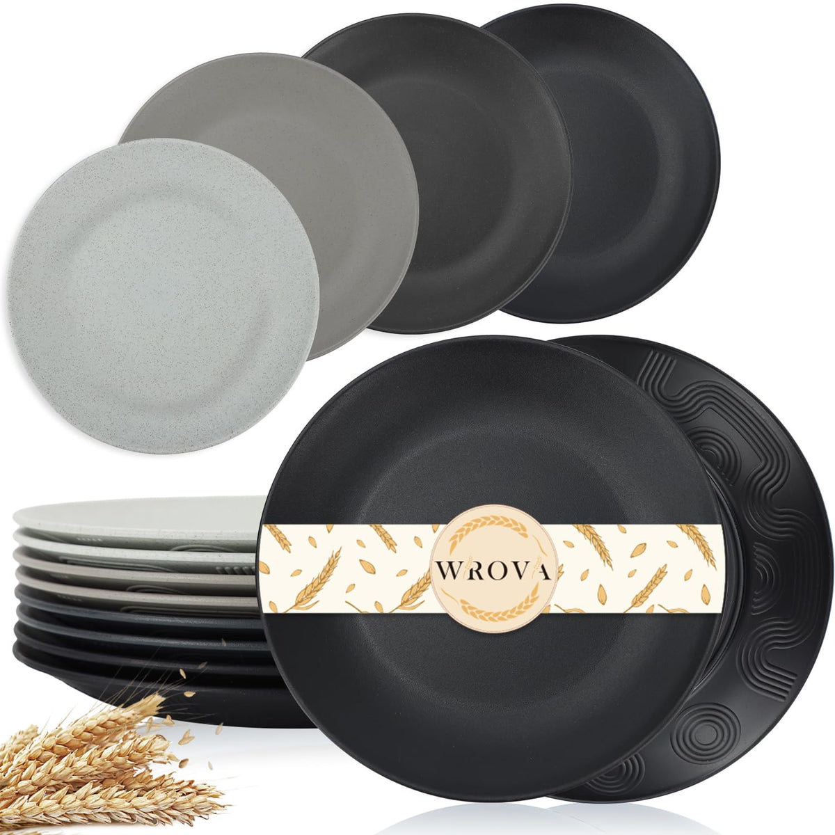 Wrova White Plastic Plates 10 Inch, Reusable Wheat Straw Plates Set of 8