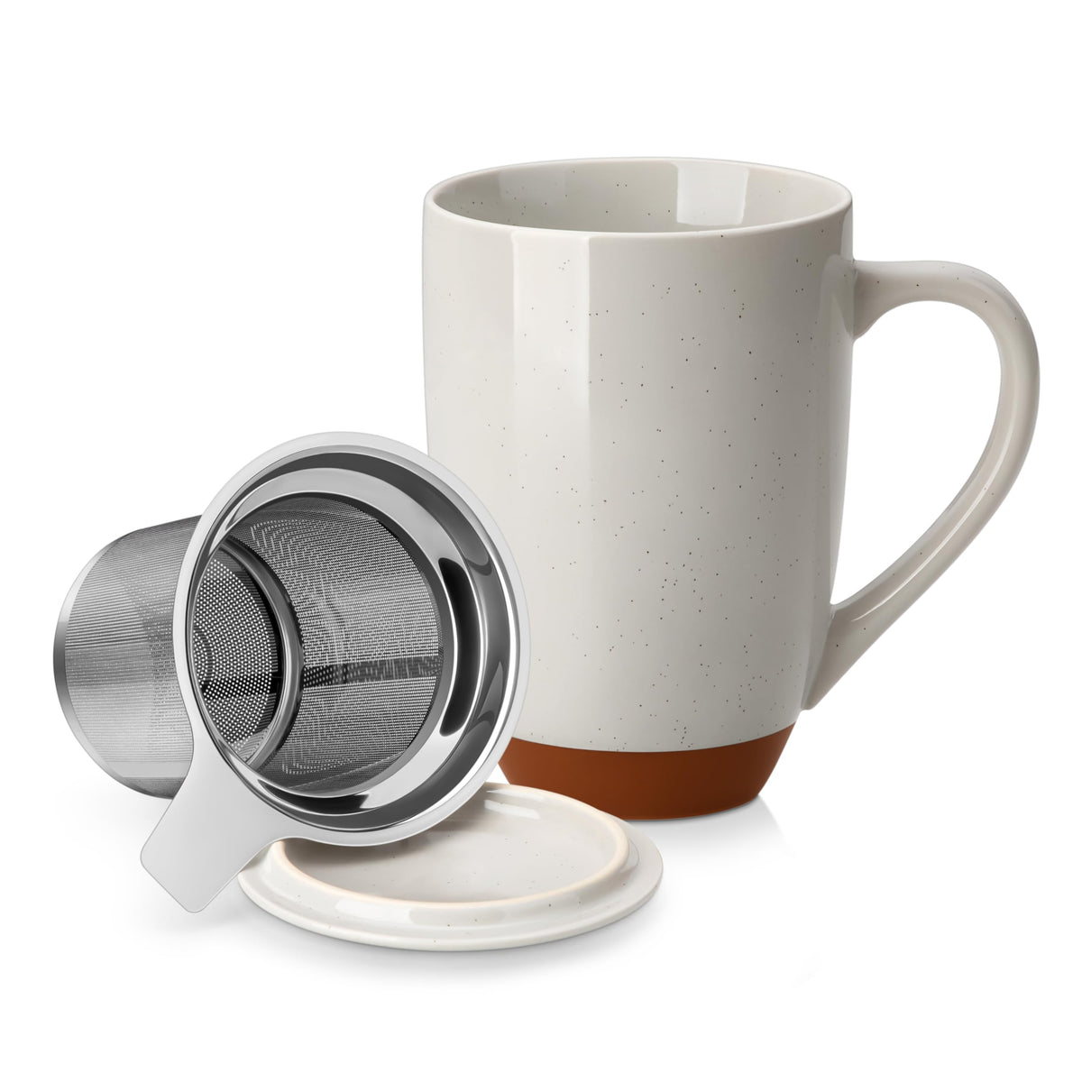 MALACASA Ceramic 18 oz Tea Mug with Lid and Infuser, Khaki White
