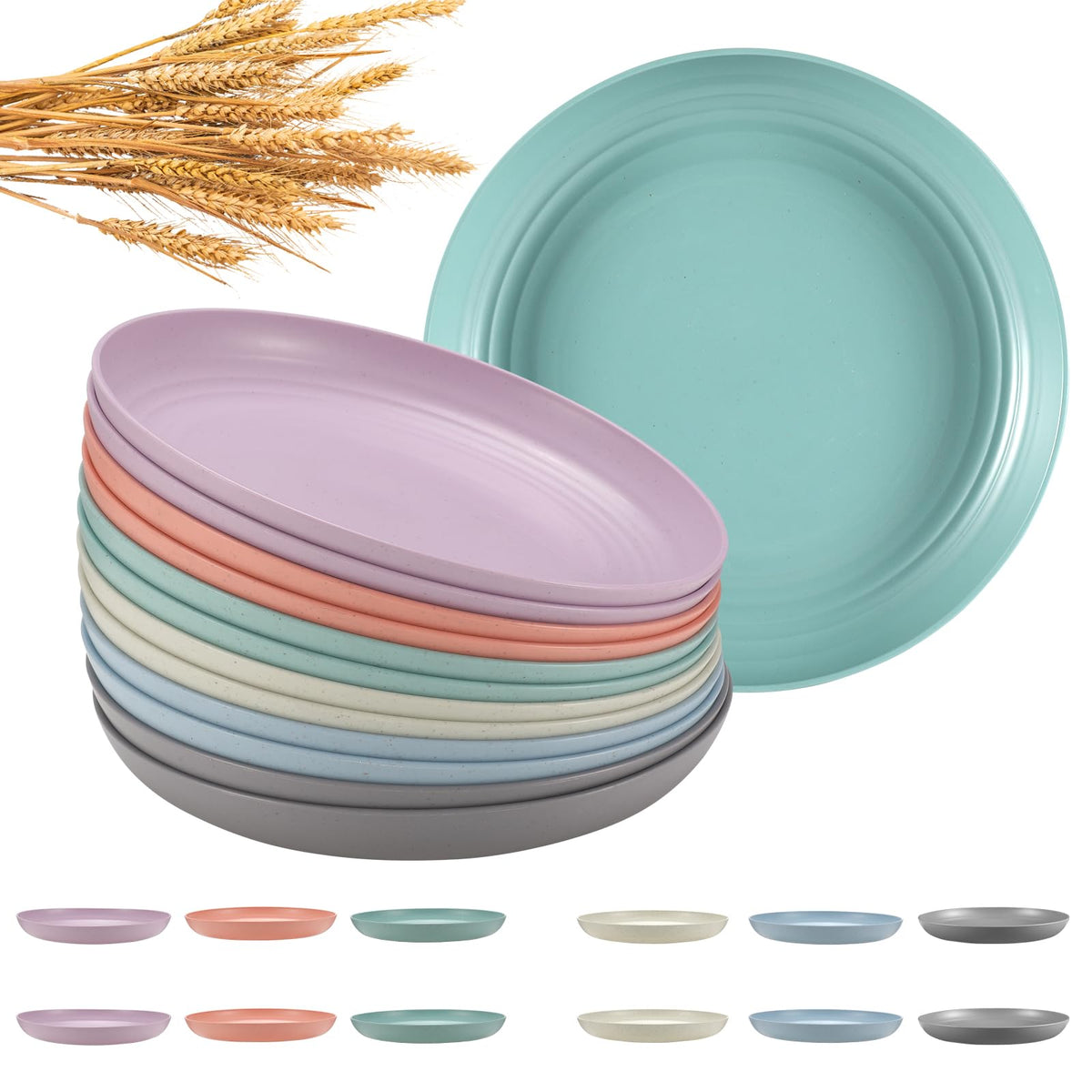 HEYCOME 12 Pcs Unbreakable Deep Dinner Plates Set, 10 inch Reusable Plastic Wheat Straw Plates, Microwave and Dishwasher Safe Plate for Kitchen, Lightweight Plate for Dessert, BPA Free, Dark Green