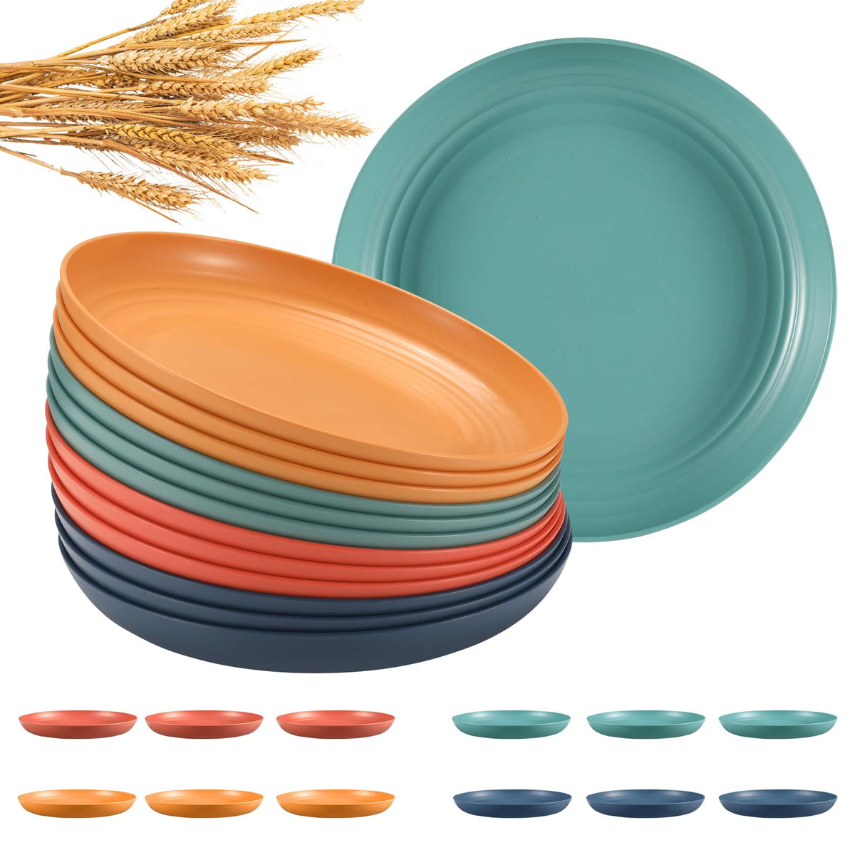 HEYCOME 12 Pcs Unbreakable Deep Dinner Plates Set, 10 inch Reusable Plastic Wheat Straw Plates, Microwave and Dishwasher Safe Plate for Kitchen, Lightweight Plate for Dessert, BPA Free, Dark Green