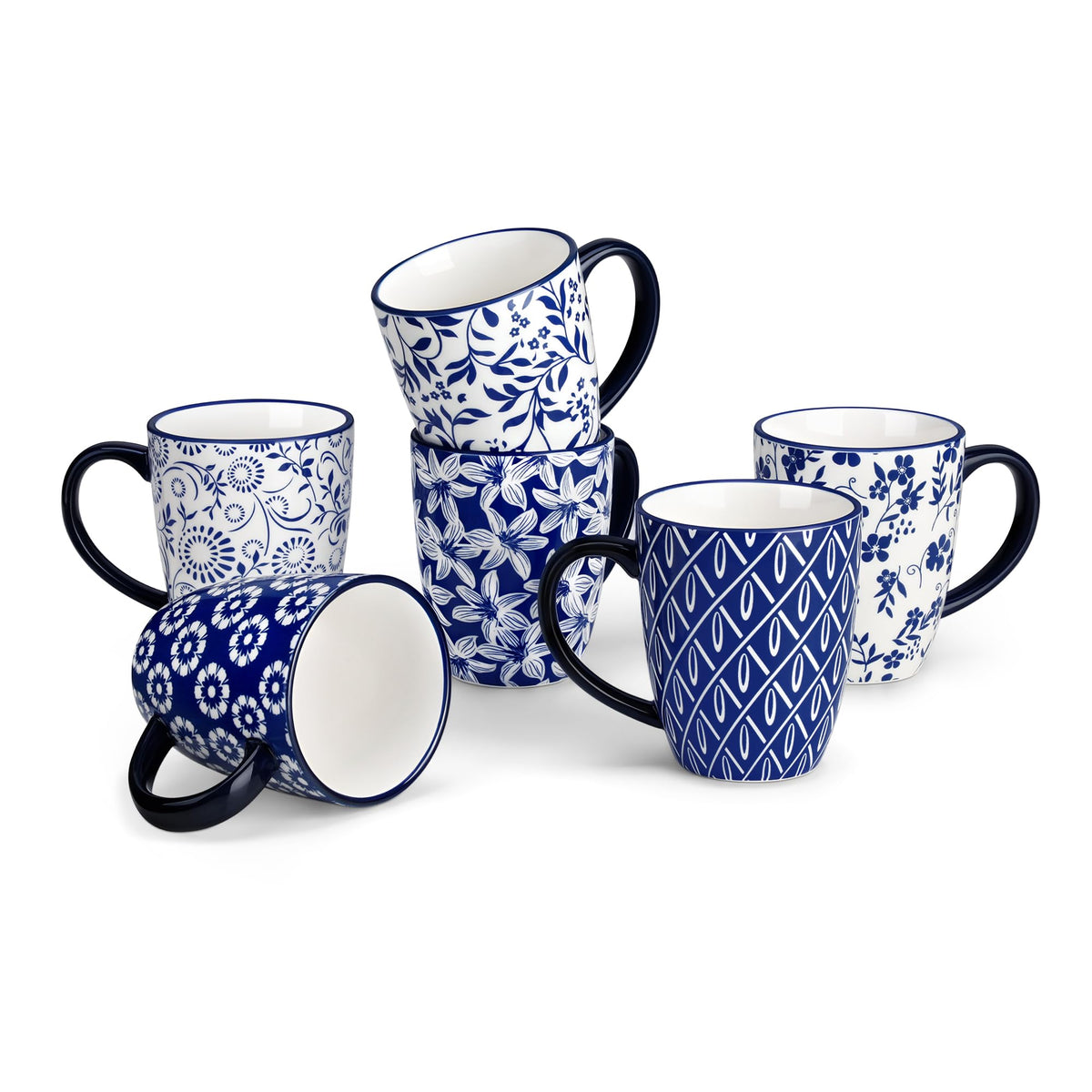 vancasso SELENE Large Coffee Mugs Set of 6, 16 Oz Porcelain Coffee Cups with Handle, Ceramic Tea Cup for Cappuccino, Latte, Tea, Cocoa, Dishwasher & Microwave Safe Gift Sets, Vintage Blue
