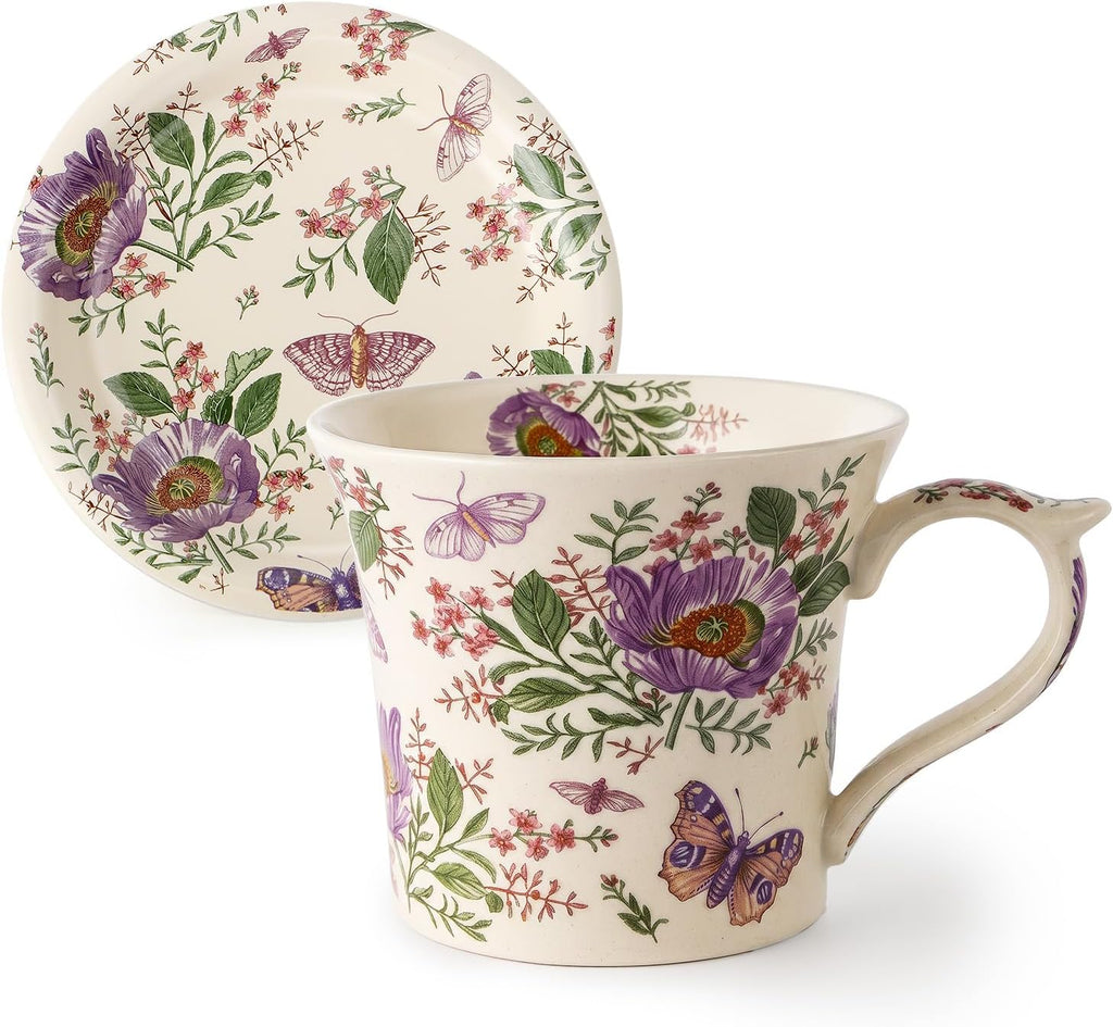 DOWAN 14 oz Tea Cup and Saucer Set, Vintage Coffee Mug with Lid for Cappuccino, Latte, and Hot Cocoa, Cute Tea Mug Gift for Her, Microwave & Dishwasher Safe, Purple Poppy