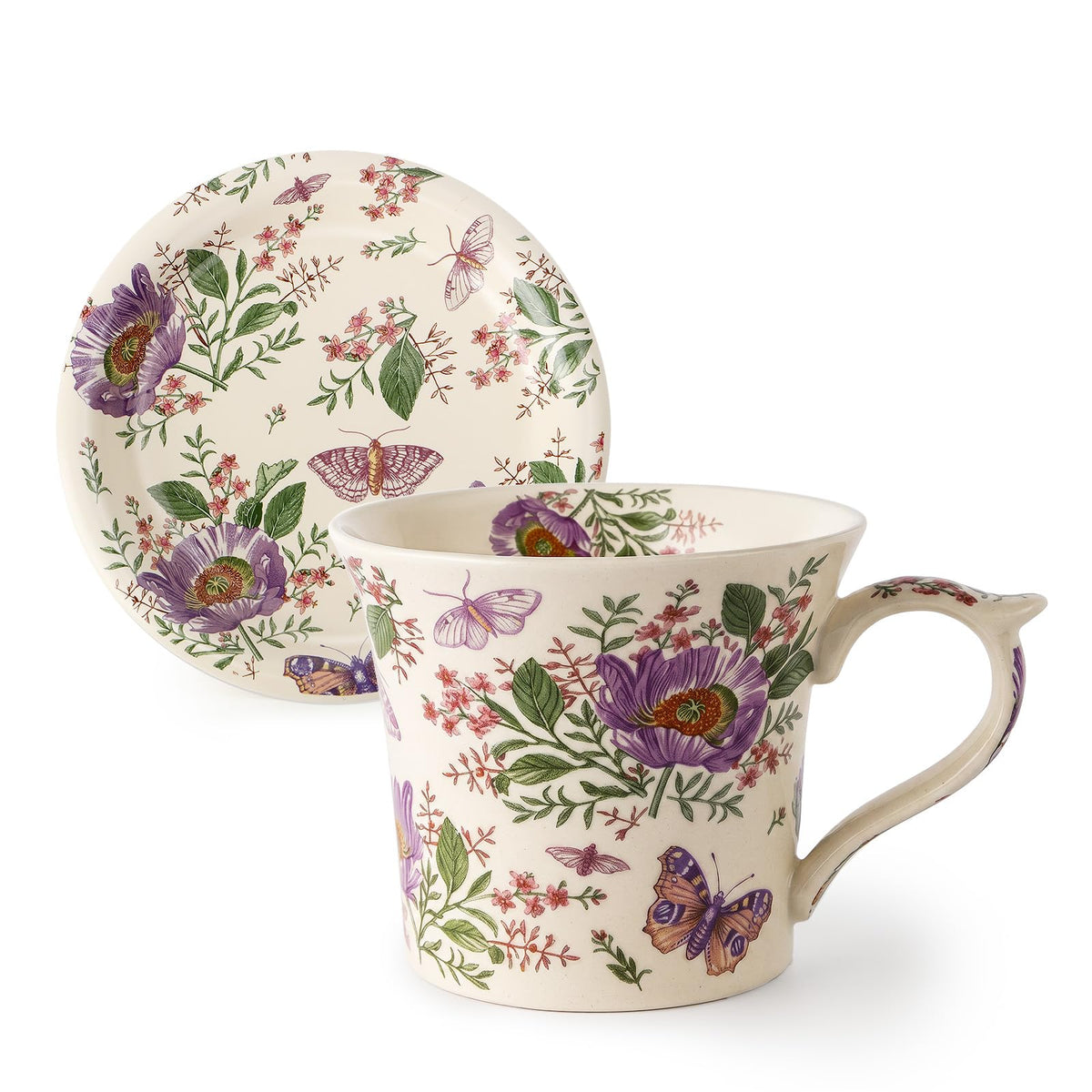 DOWAN 14 oz Tea Cup and Saucer Set, Vintage Coffee Mug with Lid for Cappuccino, Latte, and Hot Cocoa, Cute Tea Mug Gift for Her, Microwave & Dishwasher Safe, Purple Poppy