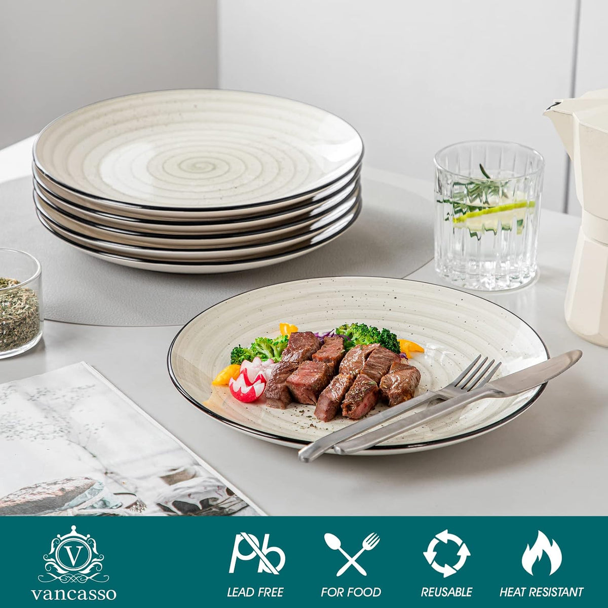 Bonbon Dinner Plates Set of 6, 10.5 Inch Ceramic Dinner Pasta Plates, Large Dinnerware Plate for Kitchen, Microwave & Dishwasher Safe Serving Bowls, Beige
