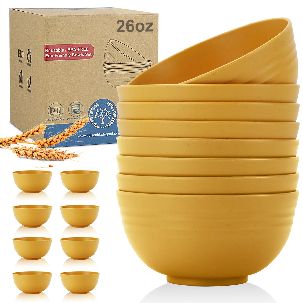 Wrova Wheat Straw Bowls Set 60 OZ Unbreakable Large Cereal Bowls Set of 6 Microwave and Dishwasher Safe Bowls Big Bowls for Camping and Picnic BPA Free Soup Bowl for Serving Oatmeal and Salad. Black