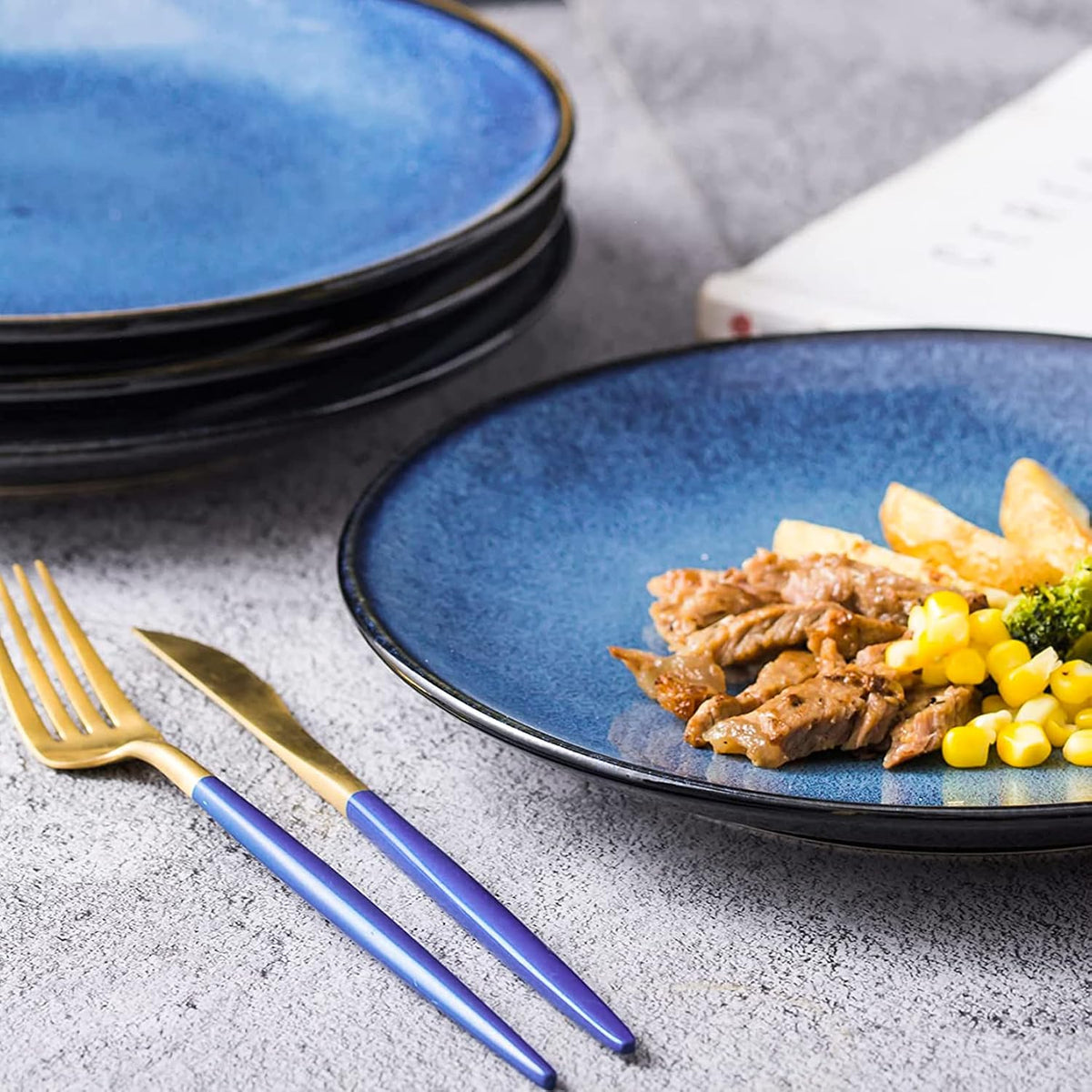 UNICASA Ceramic Dinner Plates Set of 4, Porcelain 10.25 Inch Pasta Plate Set, Reactive Glaze Serving Dishes for Steak, Salad, Pizza, Dishwasher & Microwave Safe (Blue)