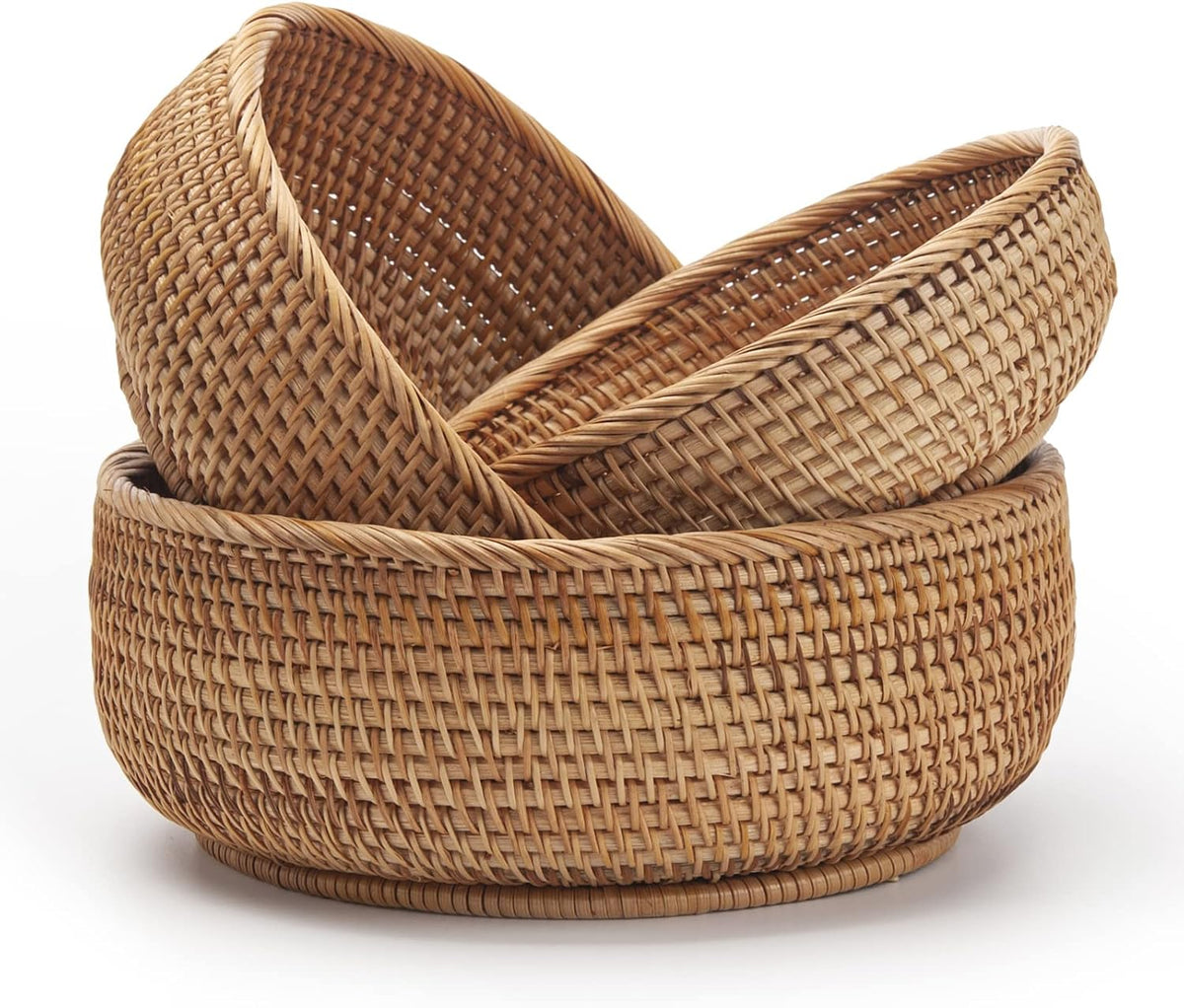 Round Rattan Fruit Baskets Woven Storage Bowls Key Holder Stackable for Shelf Kitchen Tabletop Natural Set of 3