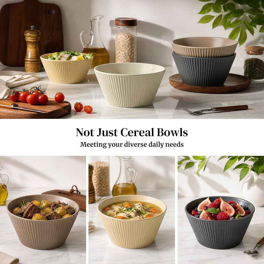 DOWAN 22 OZ Cereal Bowls Set of 4, Ceramic Soup Bowls for Cereal, Ramen, Oatmeal and Pasta, Fluted & Stackable Bowls, Microwave & Dishwasher Safe, Earth Tones