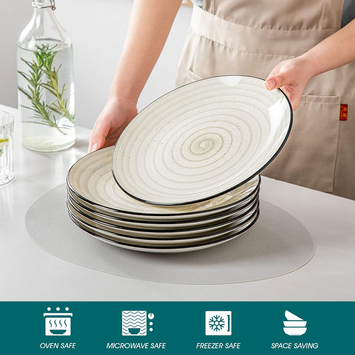 Bonbon Dinner Plates Set of 6, 10.5 Inch Ceramic Dinner Pasta Plates, Large Dinnerware Plate for Kitchen, Microwave & Dishwasher Safe Serving Bowls, Beige