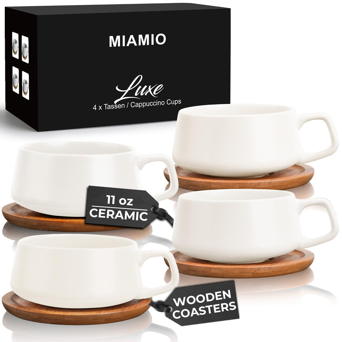 MIAMIO - Cappuccino Cup Set of 4, Ceramic (9.5oz) - Luxe (Beige Pastel)