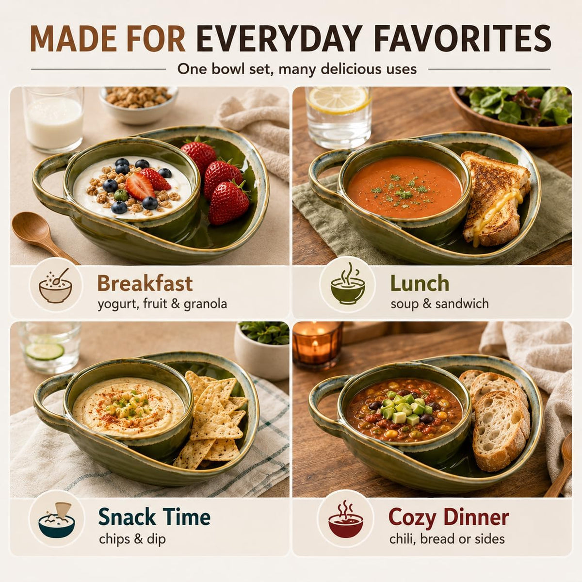 Soup and Sandwich Bowl, New Soup and Sandwich Plate Combo, Soups and Bread Bowl Combo for Breakfast Cookies Bread Salad Fruits (White)