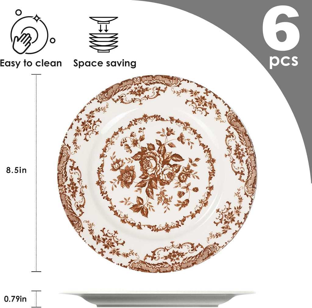 Salad Plates, 8.5 Inch Floral Plate, Brown, Ceramic, Set of 6