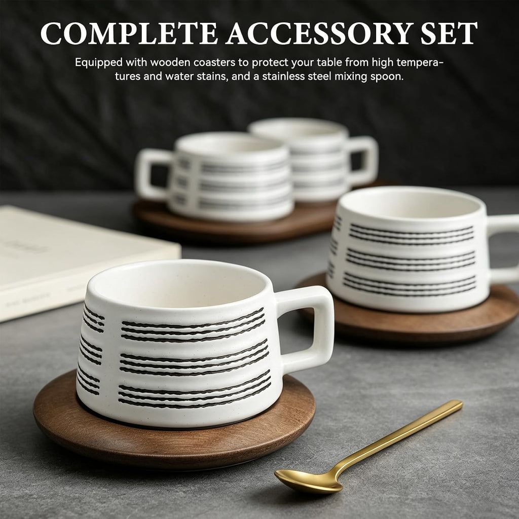 9.5 oz Vintage Ceramic Coffee Mug Set with Wooden Saucer & Metal Spoon