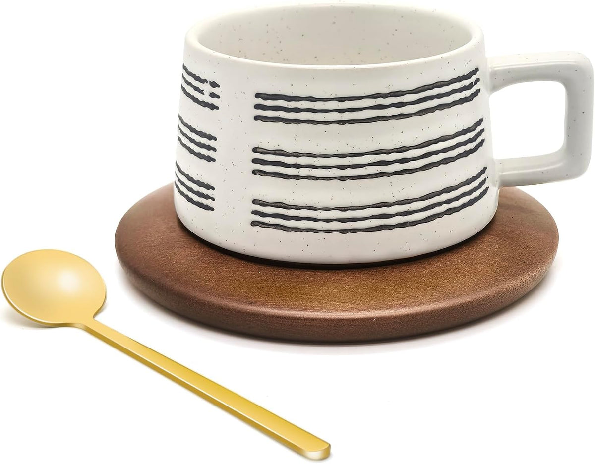 9.5 oz Vintage Ceramic Coffee Mug Set with Wooden Saucer & Metal Spoon