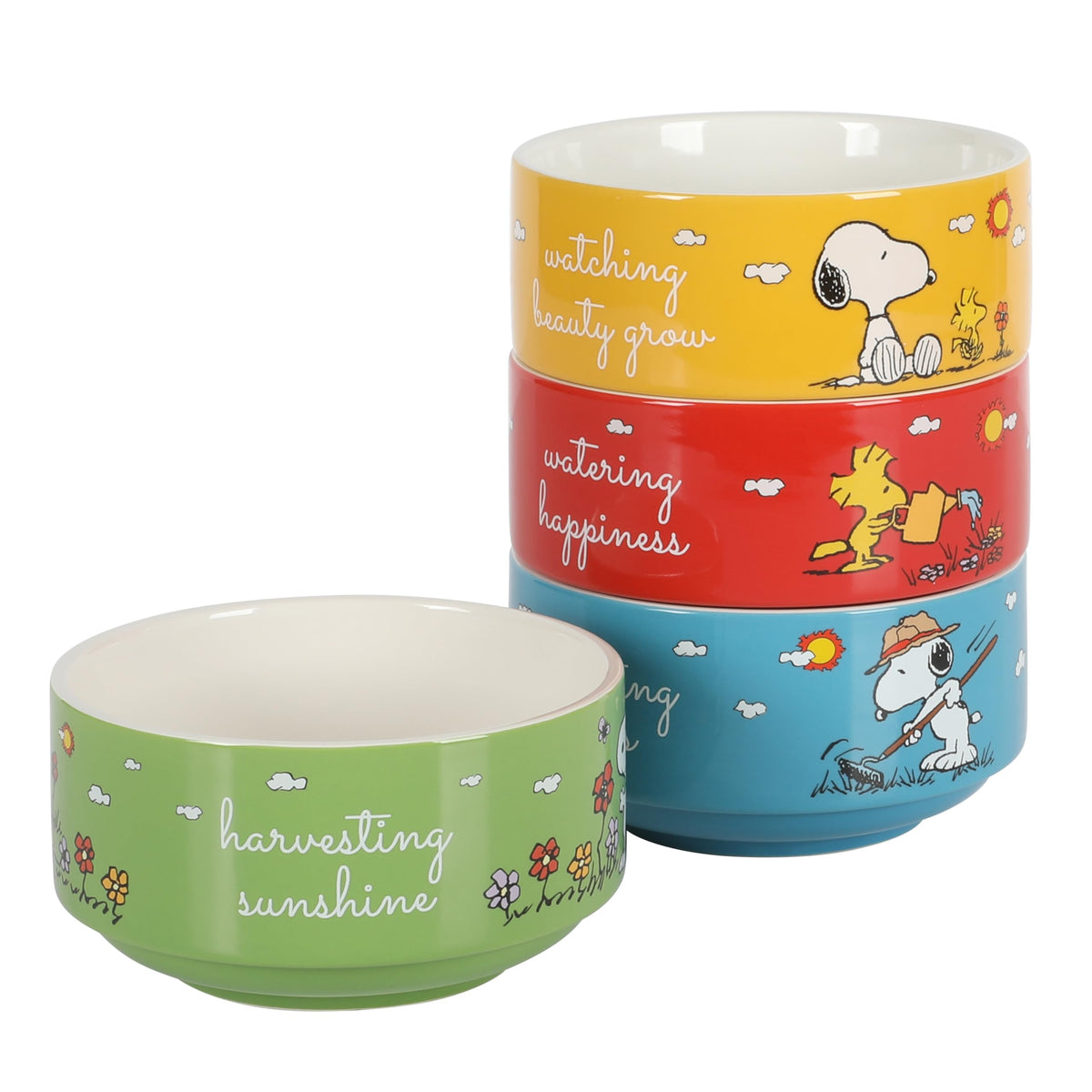 Peanuts Snoopy Bonbon Bites 4-Piece 5.5-Inch Decorated Stoneware Ceramic Stackable Bowl Set, Microwave & Dishwasher Safe Snack and Dessert Bowls