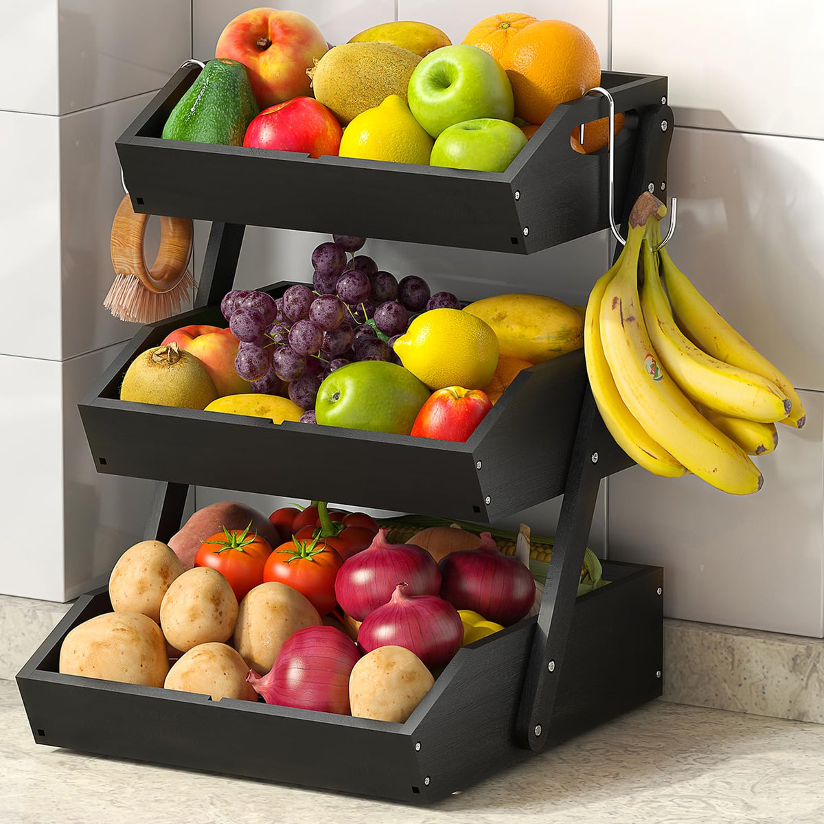 Sevenblue 3-Tier Bamboo Fruit Basket with 2 Banana Holders