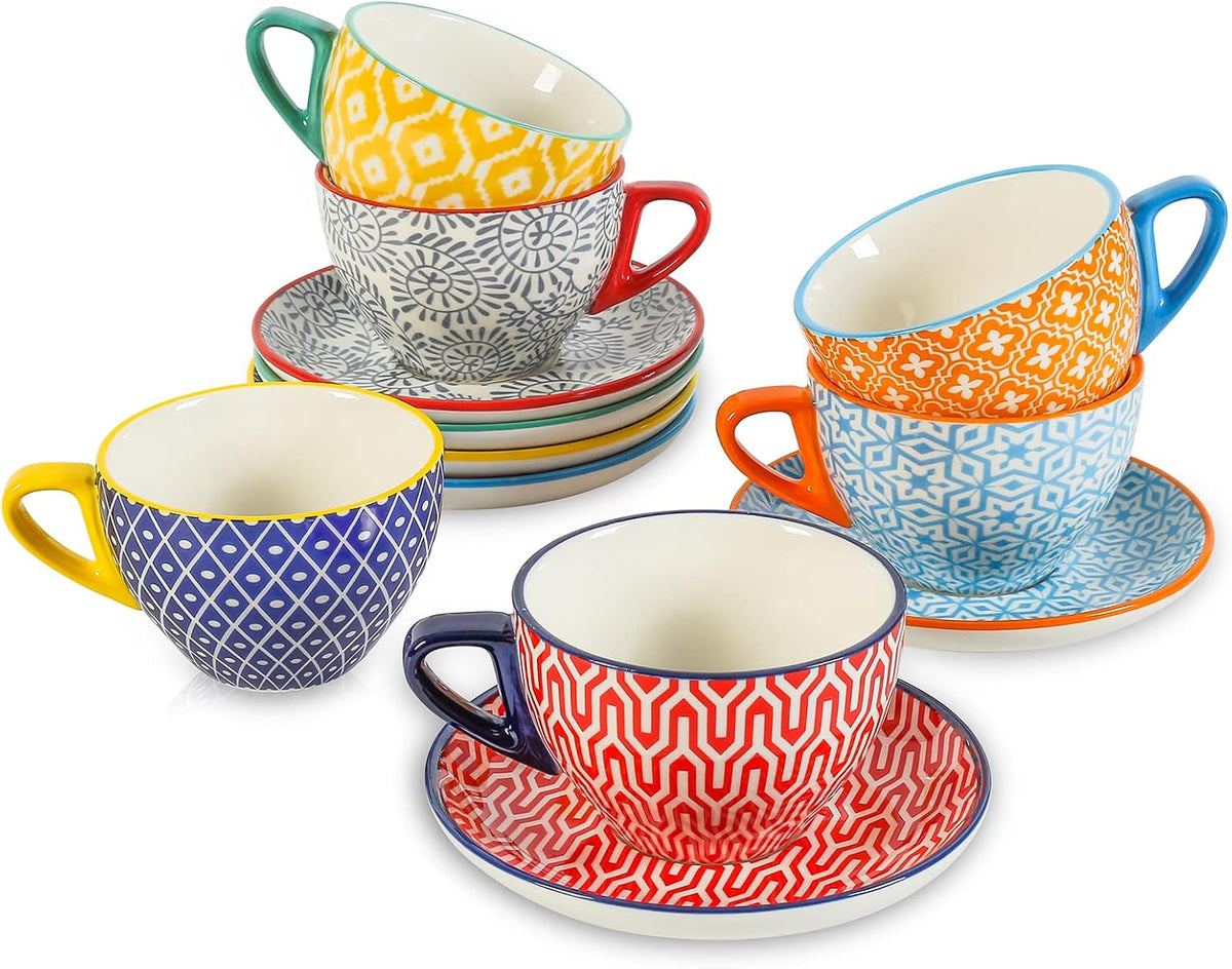 KitchenTour Espresso Cups and Saucers set, 6-pack,7oz - Cappuccino Cups with handle set of 6 - Teacup for Tea Party Bohemia style