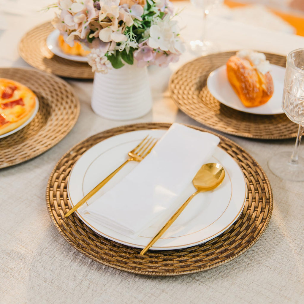 13in Charger Plates Set of 12- Faux Rattan Chargers for Dinner Plates- Brown Round Plastic Plate Charger- Farmhouse Rustic Table Charger for Wedding, Party,Halloween, Thanksgiving, Christmas