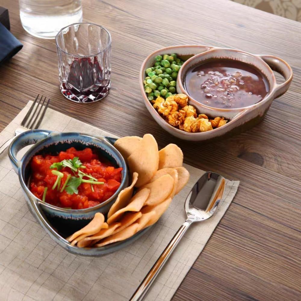 chip and dip plate,muticolor,Divided plate with Handle,Ceramic,Breakfast bowl,Oval,for salad,soup and sandwich plate combo, modern,for bread cracker, for Home and Restaurant, (blue+red)