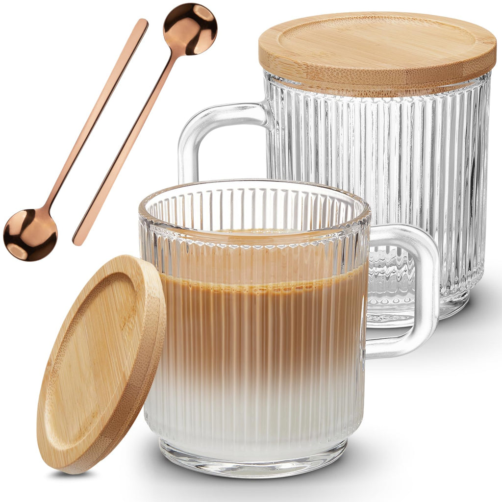 Mfacoy 2 PACK Glass Coffee Mugs with Handle & Spoon, 12 OZ Glass Coffee Cups with Bamboo Lid, Ribbed Glass Cups, Clear Tea Cup for Hot/Cold Beverages, Glassware Set for Americano, Latte, Cappuccino
