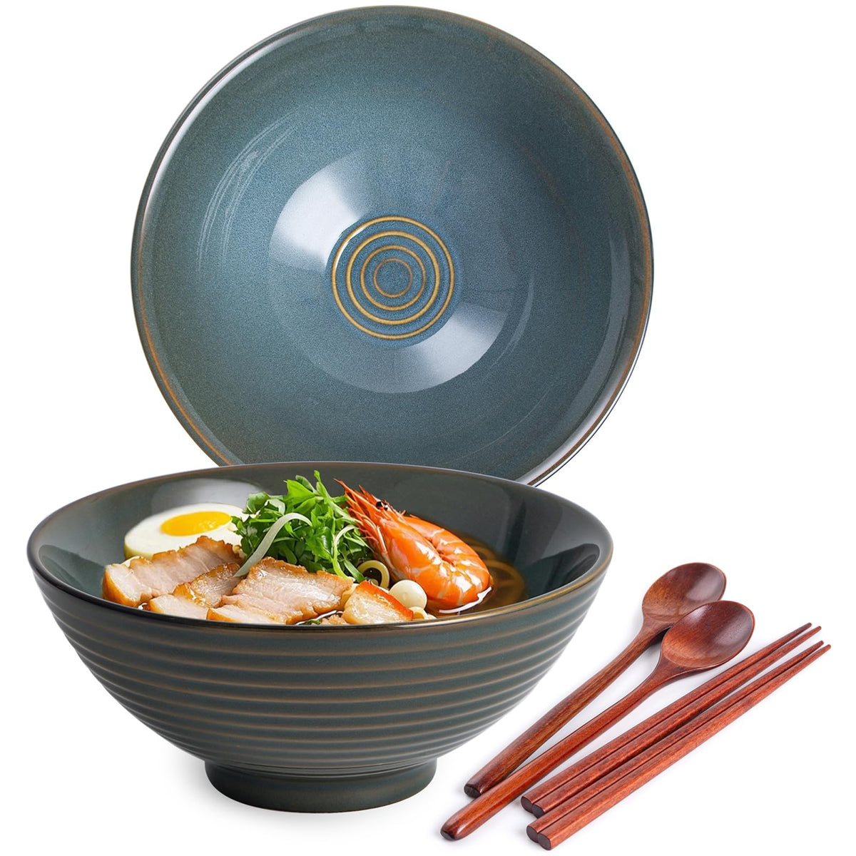Ceramic Japanese Ramen Bowl Set, 2 Sets Asian Pho Udon Soup Noodle Bowls with Spoons and Chopsticks (Peacock Green, 8 inches)