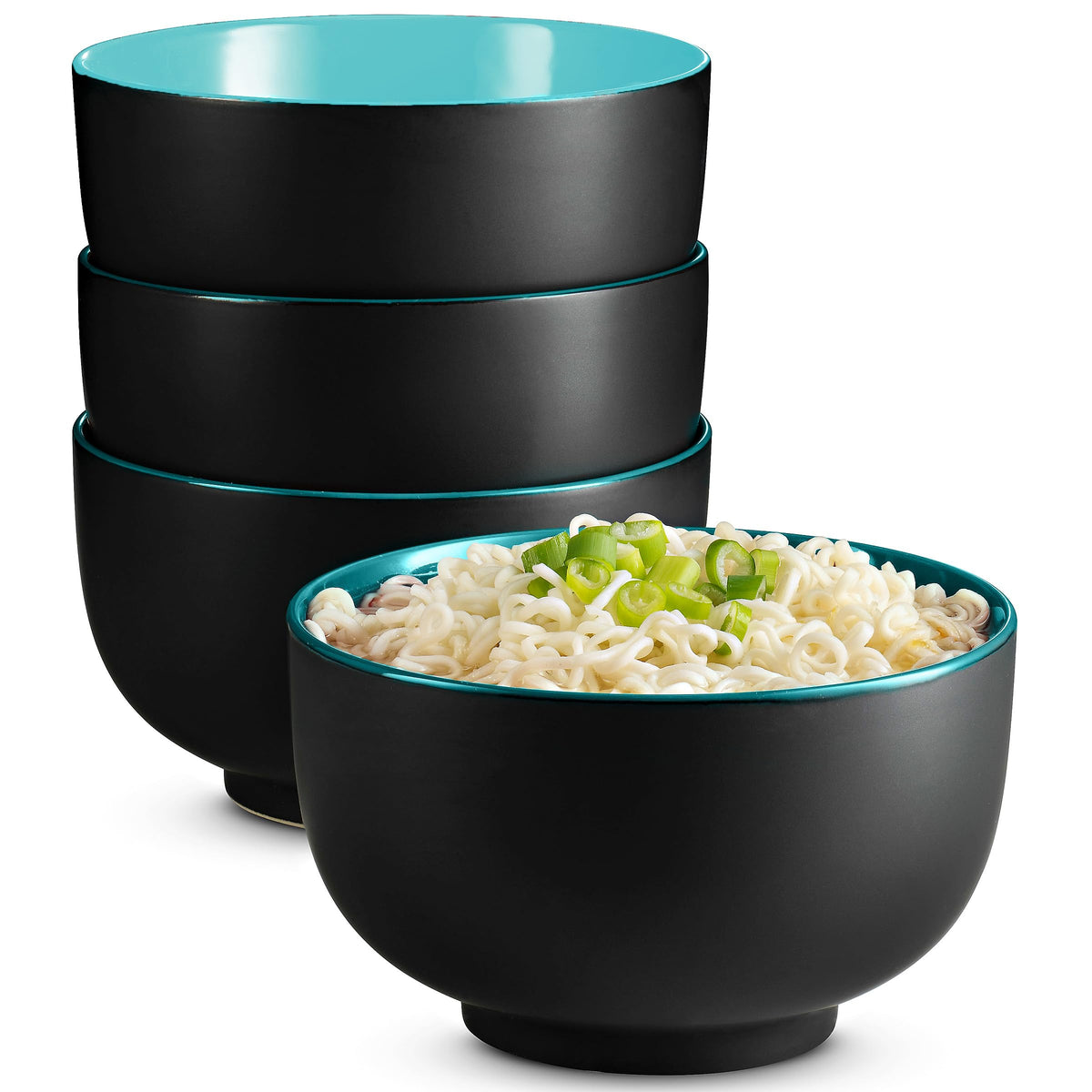 KooK Ceramic Japanese Noodle Bowl Set, 34 oz, Set of 4, Black/Red