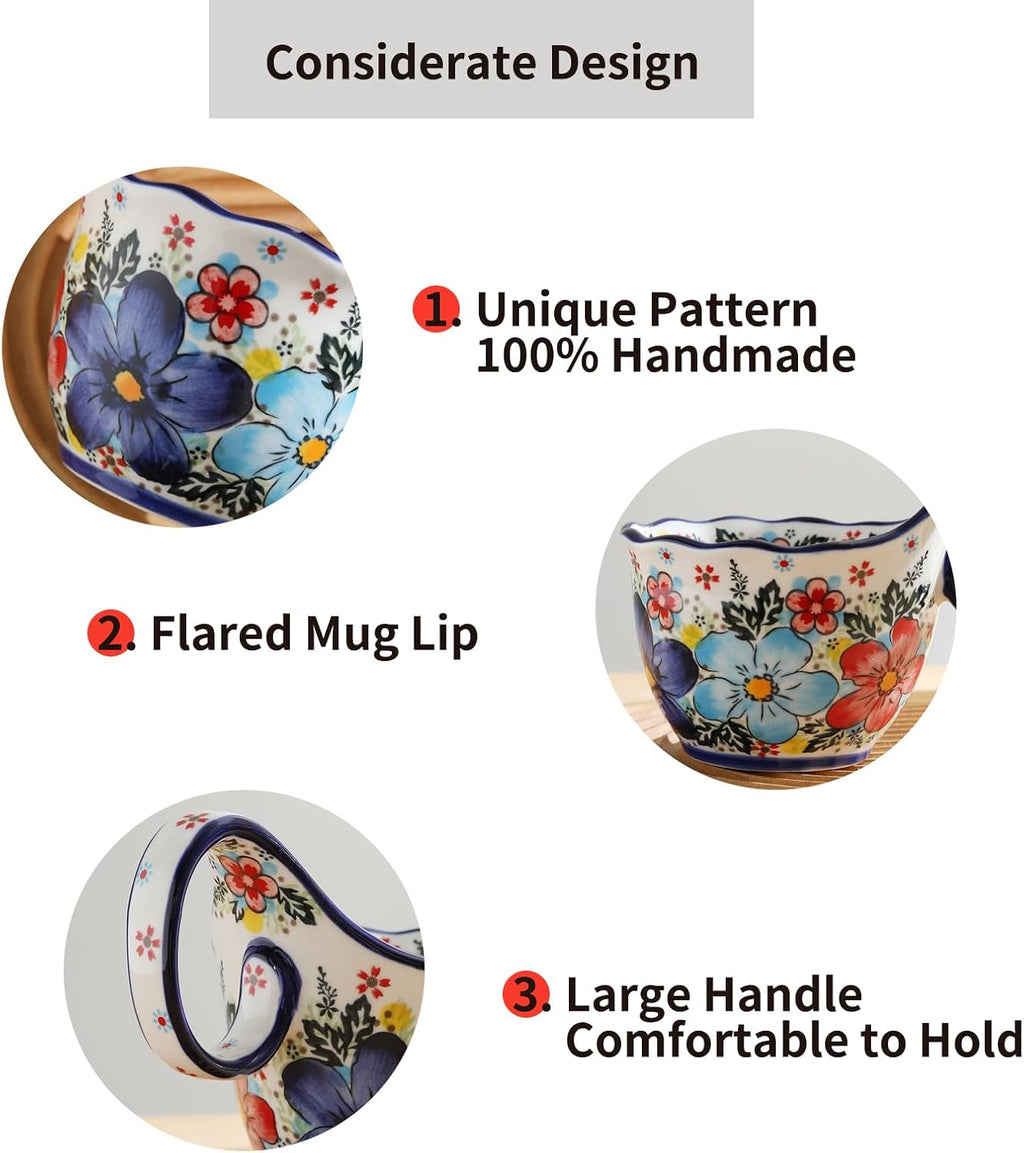 ALMA 18oz Microwavable Soup Bowl with Loop Handle, Handpainted Decorative Mug Big Handle, Ceramic Soup bowl for Mother, Cereal Bowl Great for Fruits, Chili, Stew, Ice cream