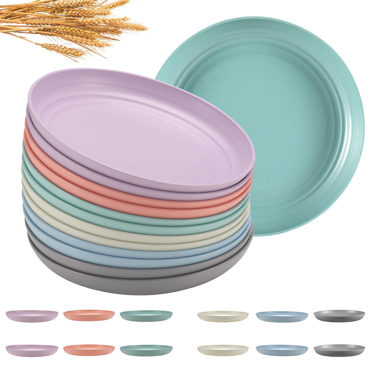 HEYCOME 12 Pcs Unbreakable Deep Dinner Plates Set, 10 inch Reusable Plastic Wheat Straw Plates, Microwave and Dishwasher Safe Plate for Kitchen, Lightweight Plate for Dessert, BPA Free, Dark Green
