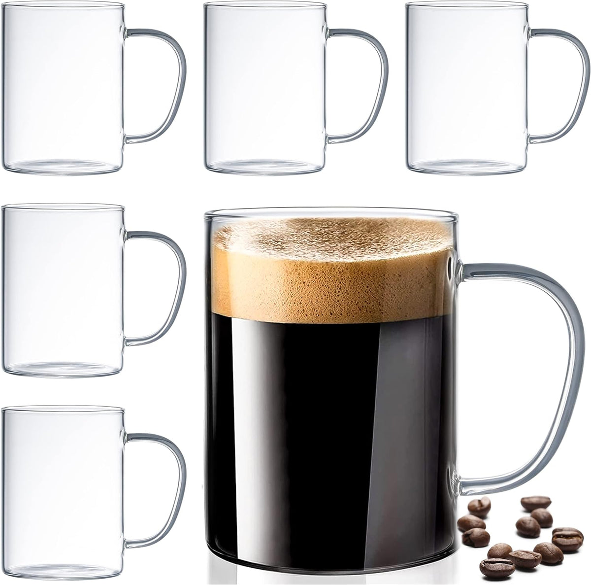 Le'raze Set of 6 Ultra Durable Sleek Glass Irish Coffee Mugs with Handle, Clear Borosilicate Glass Teacups, Mugs for Cappuccino, Latte, Tea Cups, Espresso, Hot Beverage, Dishwasher & Microwave Safe