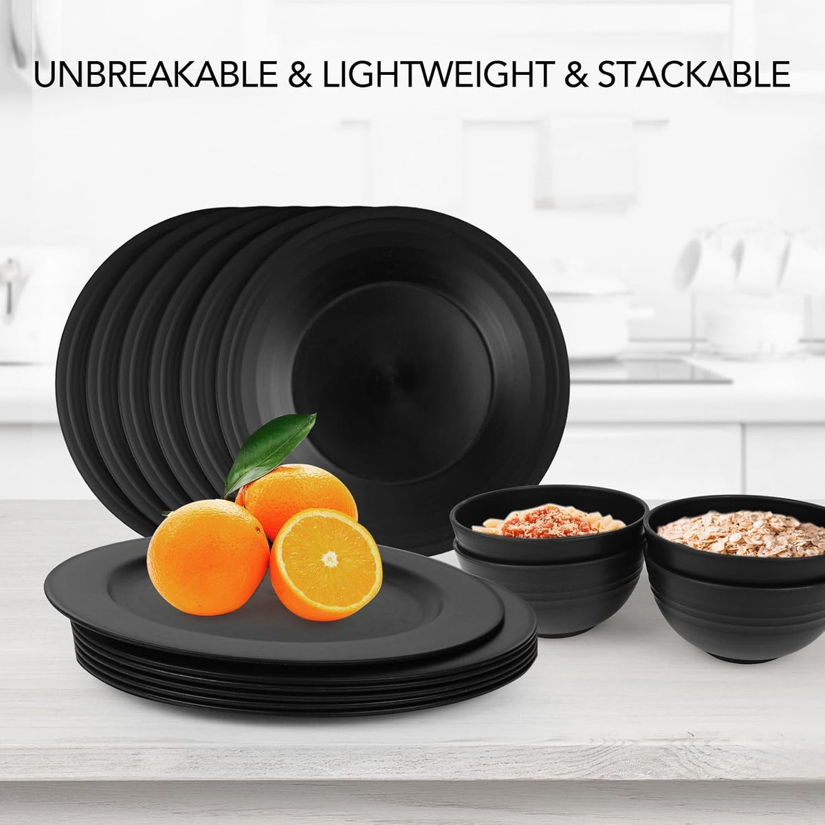 10inch/6pcs Dishwasher & Microwave Safe Wheat Straw Plates, Alternative for Plastic Plates, Lightweight Reusable Unbreakable Dinner Plates, Non-toxin, BPA Free for Kids Adults, Black