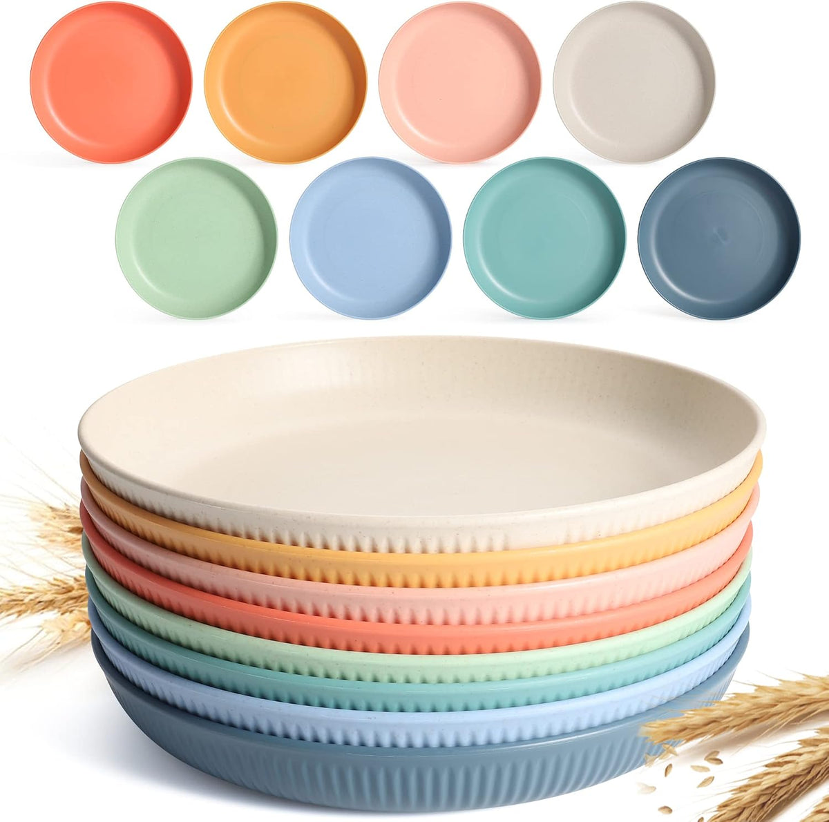 8 PACK 9 Inches Lightweight Wheat Straw Plates,Wheat Straw Fiber Lightweight Unbreakable Dinner Plates, Microwave and Dishwasher Safe, Plates Easy to Clean & Reusable