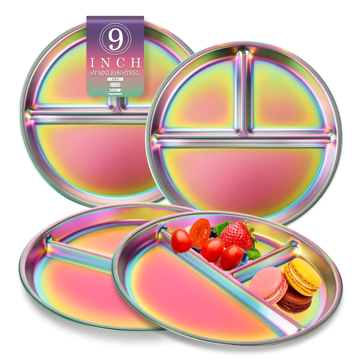 Bakpoco Stainless Steel Kids Plates Set of 4, 9" Portion Control Plates Divided Plate for Adults Toddlers Balance Lunch, Bariatric & Diabetic Diet, Non Toxic Camping Metal Snack Plate for Eating