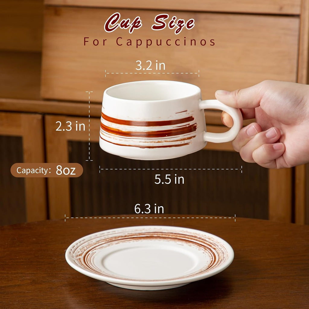 YUN TAO 8 oz Stoneware Cappuccino Cups with Saucers, Set of 4, European‑Style Small Coffee Mugs for Latte Art