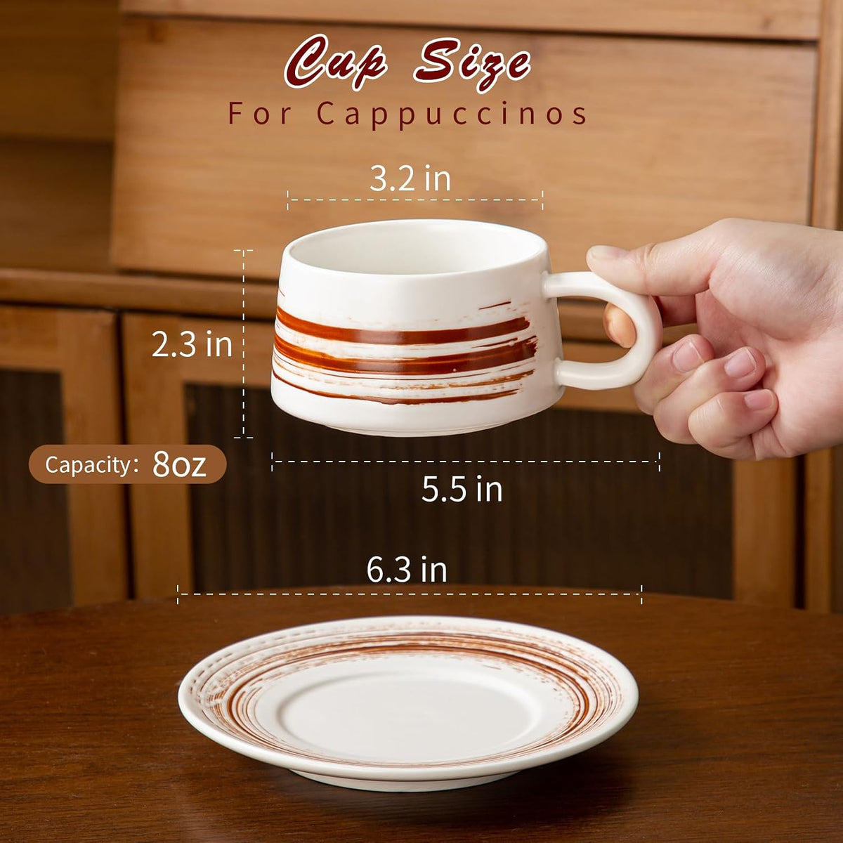 YUN TAO 8 oz Stoneware Cappuccino Cups with Saucers, Set of 4, European‑Style Small Coffee Mugs for Latte Art